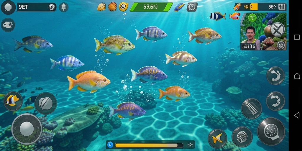 Screenshot gameplay 9ET yang menunjukkan aksi menembak ikan.