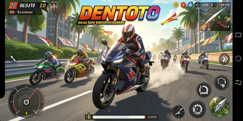 Tampilan gameplay DENTOTO yang mendebarkan di lintasan balapan.
