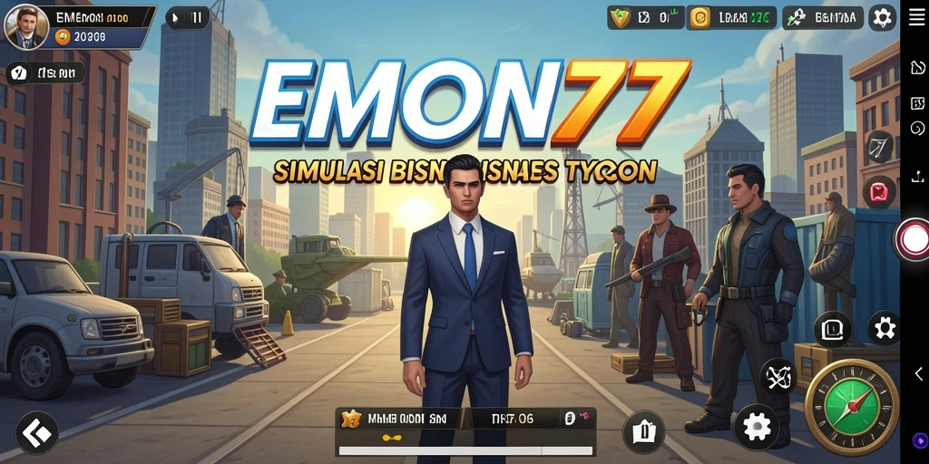 Tampilan gameplay seru di EMON77 yang menampilkan simulasi bisnis Tycoon.