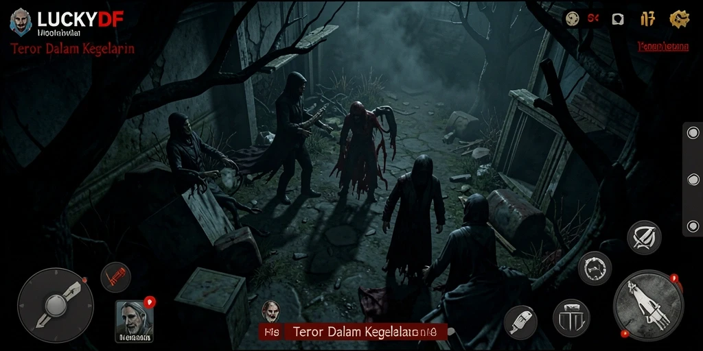 Tangkapan layar gameplay menampilkan suasana menyeramkan dalam LUCKYDF.