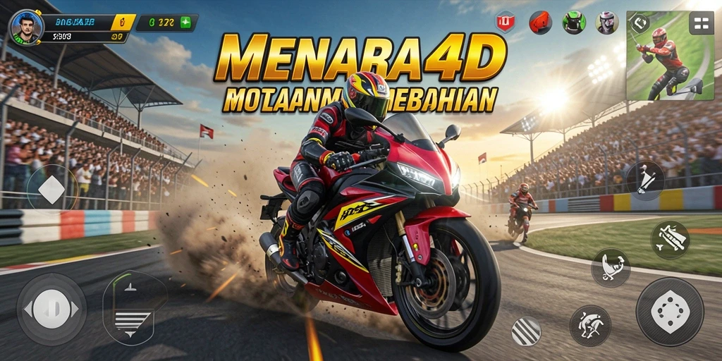Tampilan seru dari gameplay MENARA4D dengan balapan motor cepat.