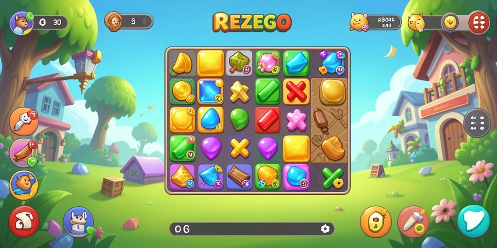 Screenshot gameplay <strong>REZEGO</strong> menunjukkan kombinasi warna-warni yang menyenangkan.