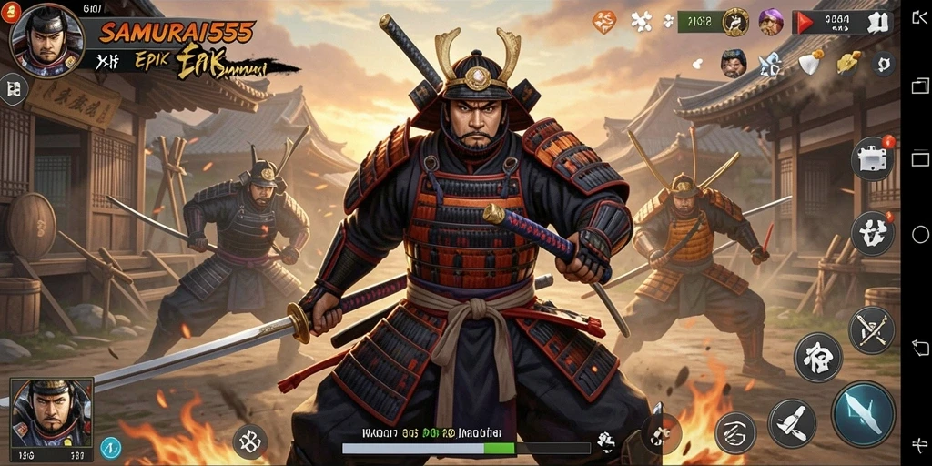 Screenshot menunjukkan aksi bertarung epik dalam SAMURAI555.