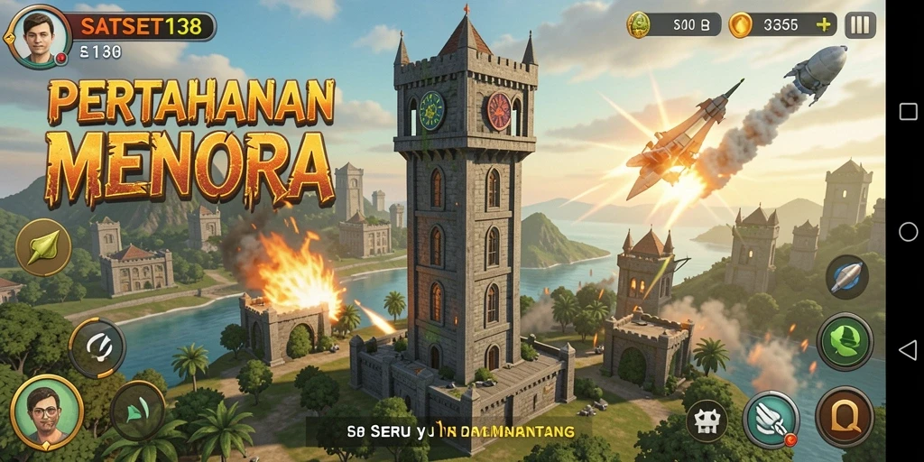 Screenshot gameplay SATSET138 menampilkan pertempuran menara melawan gelombang musuh.