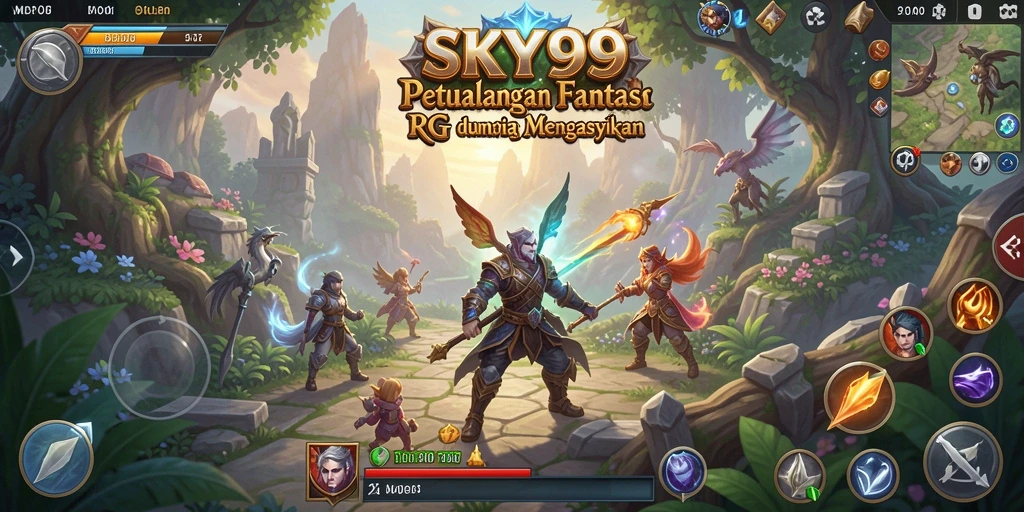 Tangkapan layar utama SKY99 menampilkan aksi pertarungan RPG yang seru