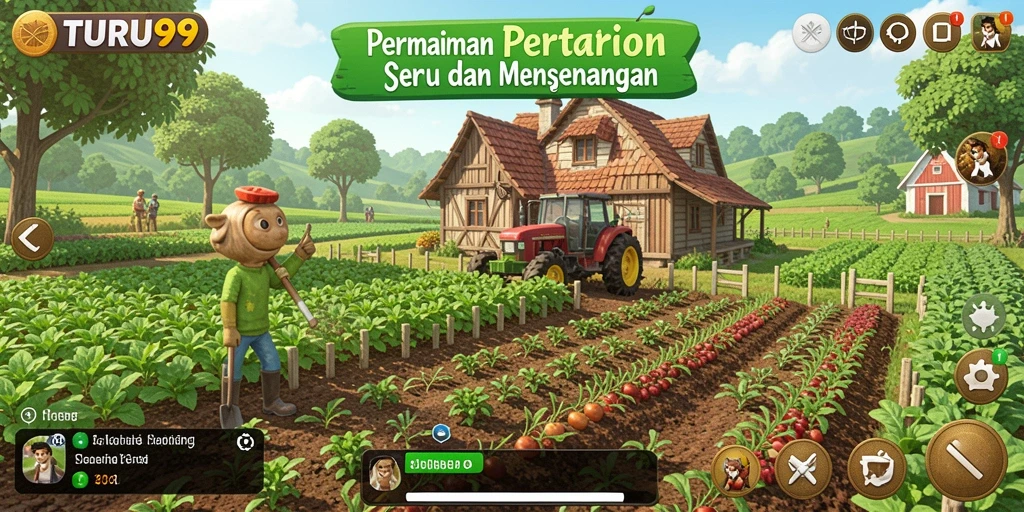 Tampilan screenshot game TURU99 yang menunjukkan aktivitas bertani.